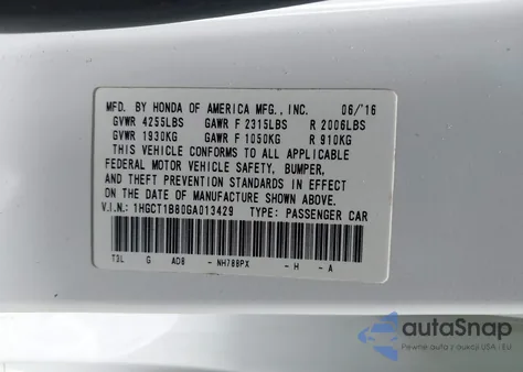 2016 Honda Accord Ex-L from USA, damaged, VIN 1HGCT1B80GA013429